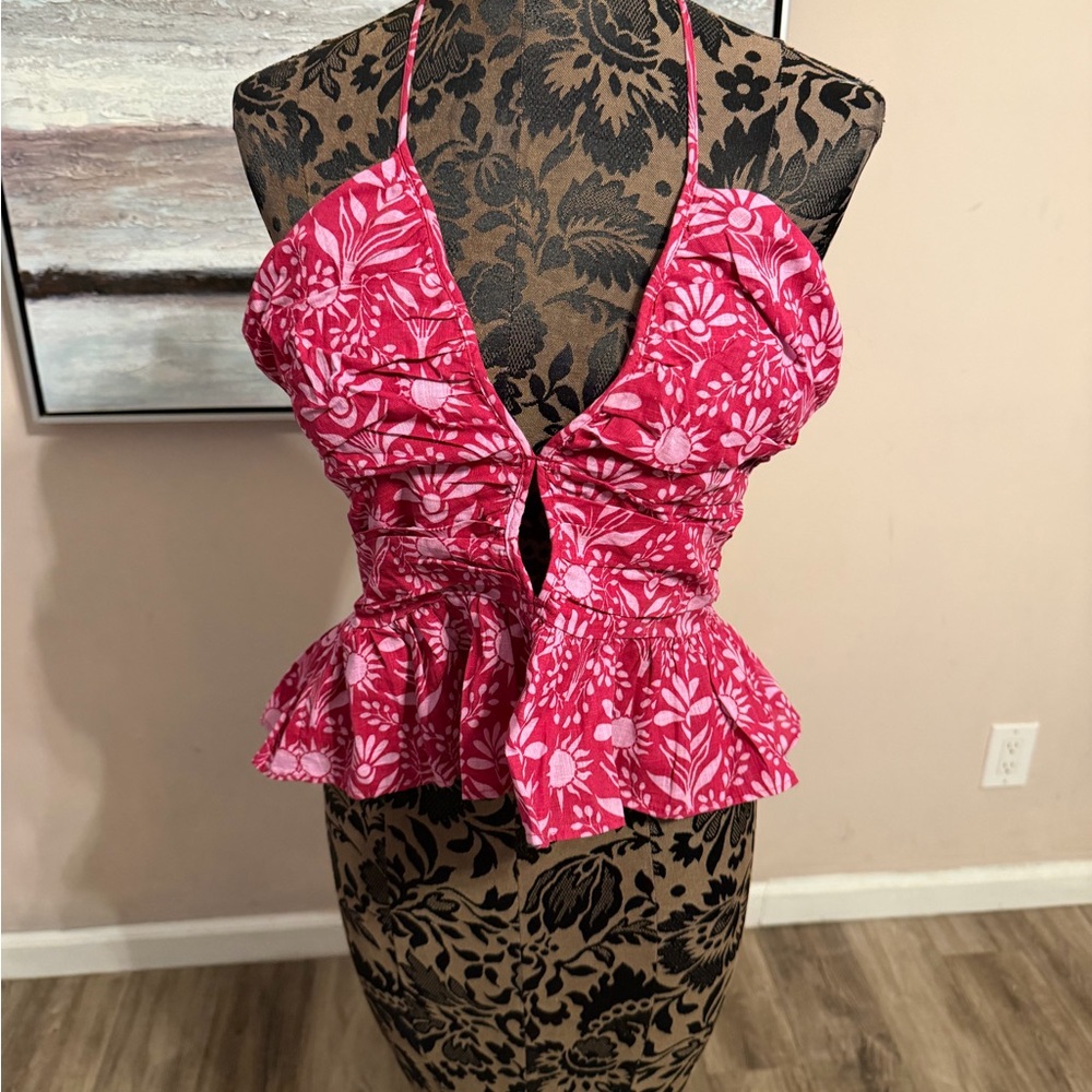 Free People Pink Floral Halter Peplum Top Smocked Back Size Medium